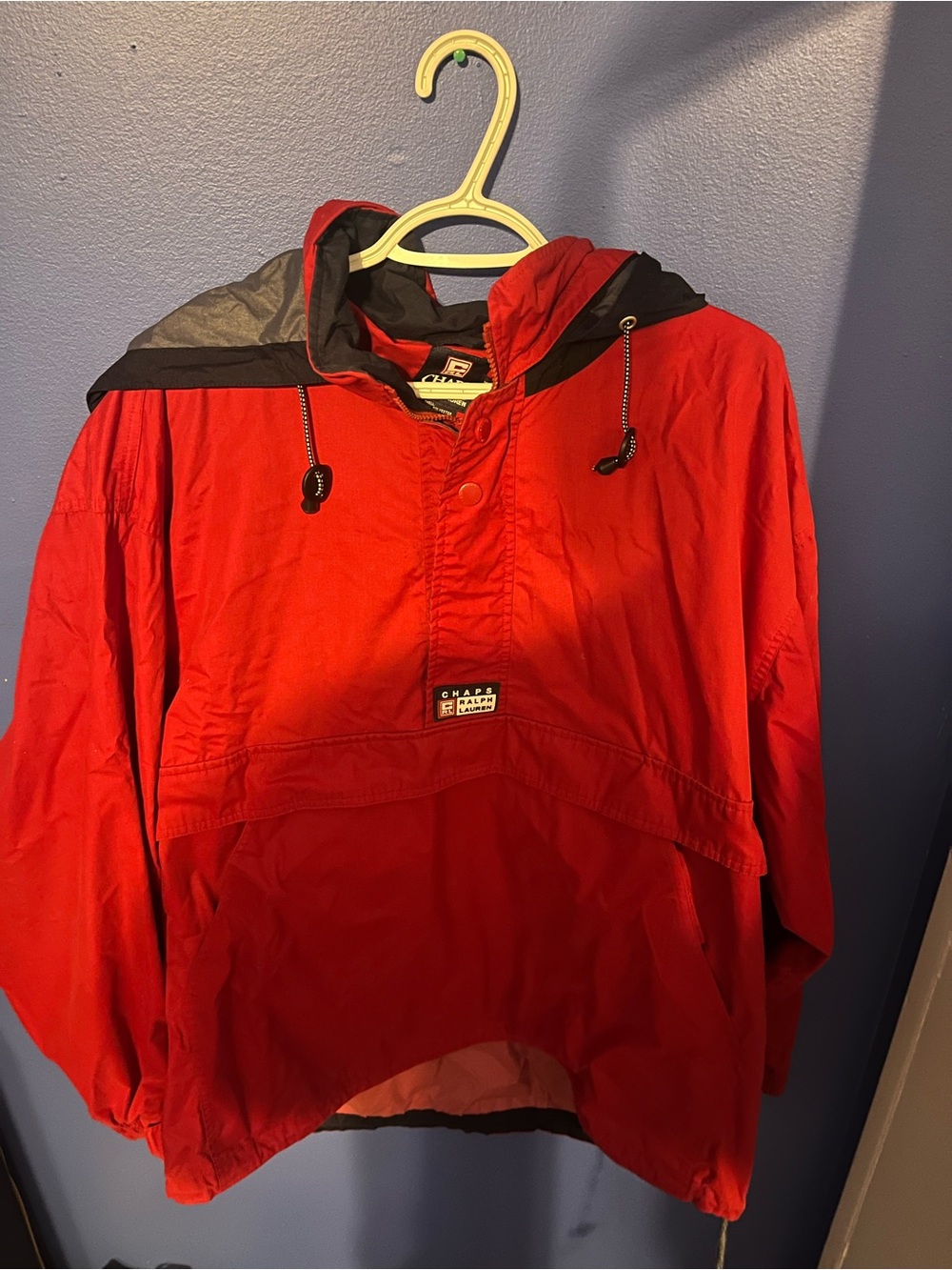 Chaps Red Hooded mens Rain Pullover with Black Trim